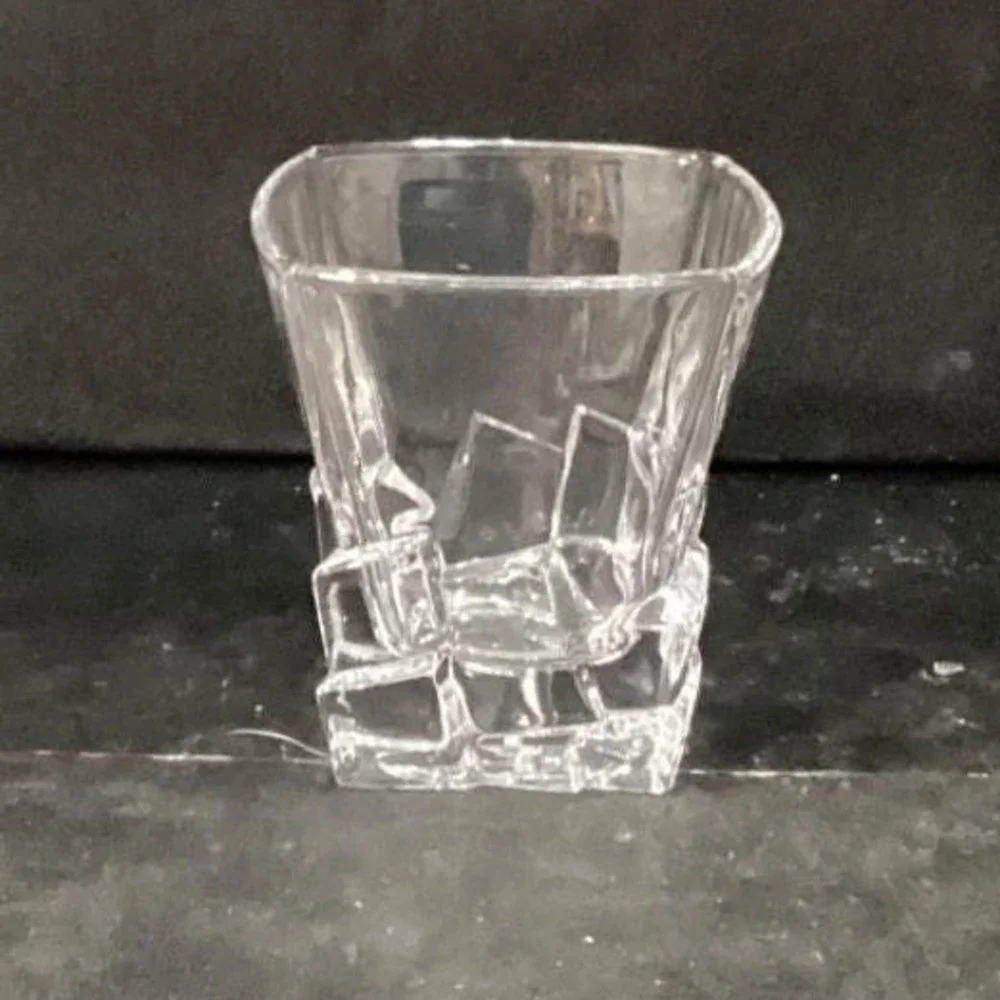 Ice Cube Sculpted‎ Rocks Glass, Vintage Square Whiskey Tumbler, Clear Barware